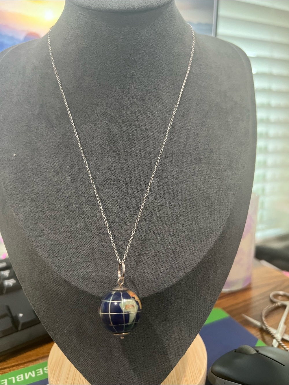 Sterling Silver Globe Pendant Necklace in Navy Blue